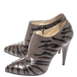 Prada Grey/Black Leather Tiger Stripe Detail Pointed Toe Ankle Booties Size 37