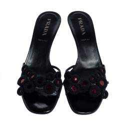 Prada Black Leather and Fabric Crochet Detail Slide Sandals Size 36