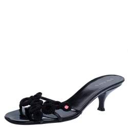 Prada Black Leather and Fabric Crochet Detail Slide Sandals Size 36