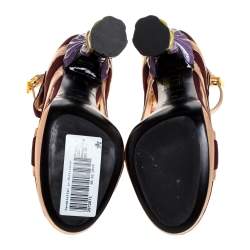 Pre Owned Prada Metallic Rose Gold/Burgundy Suede and Leather Fairy Collection Peep Toe Pumps Size 38