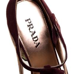 Pre Owned Prada Metallic Rose Gold/Burgundy Suede and Leather Fairy Collection Peep Toe Pumps Size 38