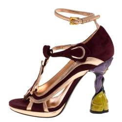 Pre Owned Prada Metallic Rose Gold/Burgundy Suede and Leather Fairy Collection Peep Toe Pumps Size 38
