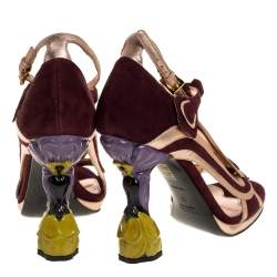 Pre Owned Prada Metallic Rose Gold/Burgundy Suede and Leather Fairy Collection Peep Toe Pumps Size 38