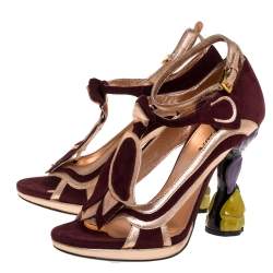 Pre Owned Prada Metallic Rose Gold/Burgundy Suede and Leather Fairy Collection Peep Toe Pumps Size 38