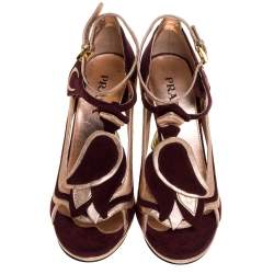 Pre Owned Prada Metallic Rose Gold/Burgundy Suede and Leather Fairy Collection Peep Toe Pumps Size 38