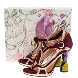 Pre Owned Prada Metallic Rose Gold/Burgundy Suede and Leather Fairy Collection Peep Toe Pumps Size 38