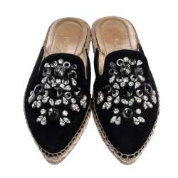 Pre Owned Prada Black Suede Crystal Embellished Pointed Toe Espadrille Mules Size 36