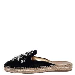 Pre Owned Prada Black Suede Crystal Embellished Pointed Toe Espadrille Mules Size 36
