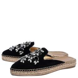 Pre Owned Prada Black Suede Crystal Embellished Pointed Toe Espadrille Mules Size 36