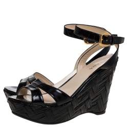 Pre Owned Prada Black Patent Leather Straw Wedge Ankle Wrap Sandals Size 39