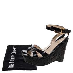 Pre Owned Prada Black Patent Leather Straw Wedge Ankle Wrap Sandals Size 39