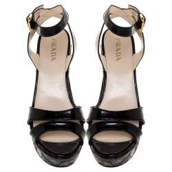 Pre Owned Prada Black Patent Leather Straw Wedge Ankle Wrap Sandals Size 39