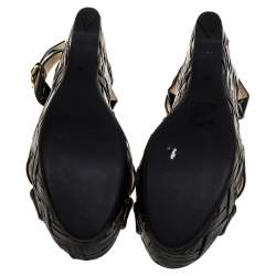 Pre Owned Prada Black Patent Leather Straw Wedge Ankle Wrap Sandals Size 39