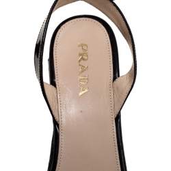 Pre Owned Prada Black Patent Leather Straw Wedge Ankle Wrap Sandals Size 39