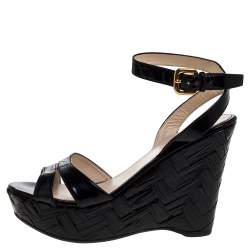 Pre Owned Prada Black Patent Leather Straw Wedge Ankle Wrap Sandals Size 39