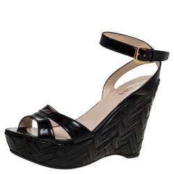 Pre Owned Prada Black Patent Leather Straw Wedge Ankle Wrap Sandals Size 39
