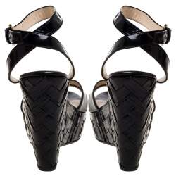 Pre Owned Prada Black Patent Leather Straw Wedge Ankle Wrap Sandals Size 39