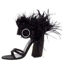 Pre Owned Prada Black Satin Ostrich Feather Trim Block Heel Sandals Size 40