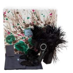 Pre Owned Prada Black Satin Ostrich Feather Trim Block Heel Sandals Size 40