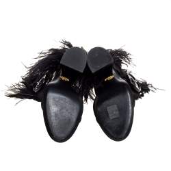 Pre Owned Prada Black Satin Ostrich Feather Trim Block Heel Sandals Size 40