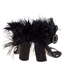 Pre Owned Prada Black Satin Ostrich Feather Trim Block Heel Sandals Size 40