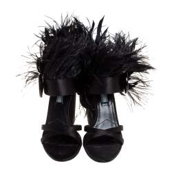 Pre Owned Prada Black Satin Ostrich Feather Trim Block Heel Sandals Size 40