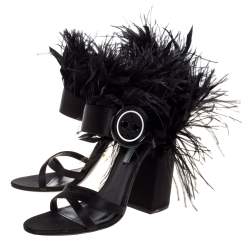 Pre Owned Prada Black Satin Ostrich Feather Trim Block Heel Sandals Size 40