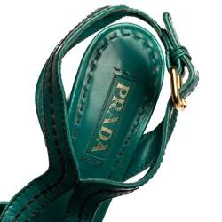 Pre Owned Prada Teal Leather Peep Toe Ankle Strap Platform Sandals Size 39