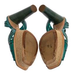 Pre Owned Prada Teal Leather Peep Toe Ankle Strap Platform Sandals Size 39