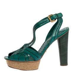 Pre Owned Prada Teal Leather Peep Toe Ankle Strap Platform Sandals Size 39