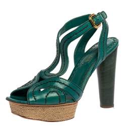Pre Owned Prada Teal Leather Peep Toe Ankle Strap Platform Sandals Size 39