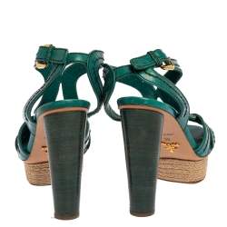 Pre Owned Prada Teal Leather Peep Toe Ankle Strap Platform Sandals Size 39