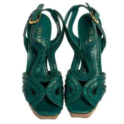 Pre Owned Prada Teal Leather Peep Toe Ankle Strap Platform Sandals Size 39