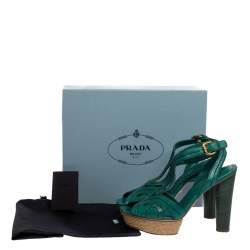 Pre Owned Prada Teal Leather Peep Toe Ankle Strap Platform Sandals Size 39