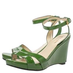 Pre Owned Prada Green Patent Leather Wedge Platform Ankle Strap Sandals Size 39