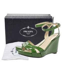 Pre Owned Prada Green Patent Leather Wedge Platform Ankle Strap Sandals Size 39