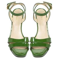 Pre Owned Prada Green Patent Leather Wedge Platform Ankle Strap Sandals Size 39