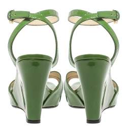 Pre Owned Prada Green Patent Leather Wedge Platform Ankle Strap Sandals Size 39