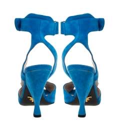 Pre Owned Prada Blue Crystal Embellished Suede Leather Ankle Cuff Sandals Size 38.5