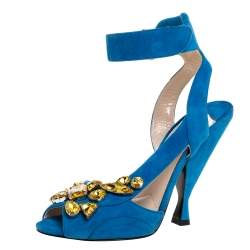 Pre Owned Prada Blue Crystal Embellished Suede Leather Ankle Cuff Sandals Size 38.5