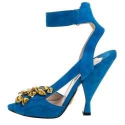 Pre Owned Prada Blue Crystal Embellished Suede Leather Ankle Cuff Sandals Size 38.5