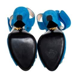 Pre Owned Prada Blue Crystal Embellished Suede Leather Ankle Cuff Sandals Size 38.5