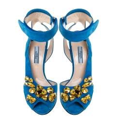Pre Owned Prada Blue Crystal Embellished Suede Leather Ankle Cuff Sandals Size 38.5