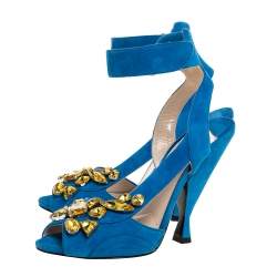 Pre Owned Prada Blue Crystal Embellished Suede Leather Ankle Cuff Sandals Size 38.5