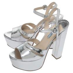 Pre Owned Prada Metallic Silver Leather Platform Block Heel Ankle Strap Sandals Size 40