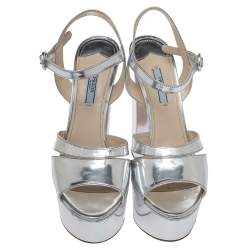 Pre Owned Prada Metallic Silver Leather Platform Block Heel Ankle Strap Sandals Size 40