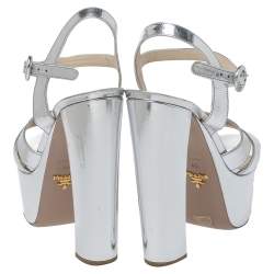 Pre Owned Prada Metallic Silver Leather Platform Block Heel Ankle Strap Sandals Size 40