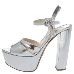 Pre Owned Prada Metallic Silver Leather Platform Block Heel Ankle Strap Sandals Size 40