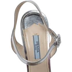 Pre Owned Prada Metallic Silver Leather Platform Block Heel Ankle Strap Sandals Size 40
