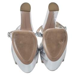 Pre Owned Prada Metallic Silver Leather Platform Block Heel Ankle Strap Sandals Size 40